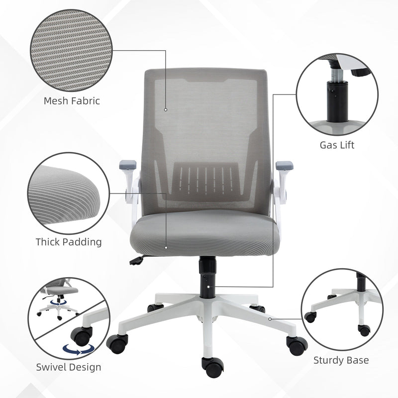 Ergonomic Grey Mesh Office Chair - Lumbar Support, Flip-up Armrests, Swivel Wheels, Adjustable Height - Comfortable Seating for Desk Work and Home Office