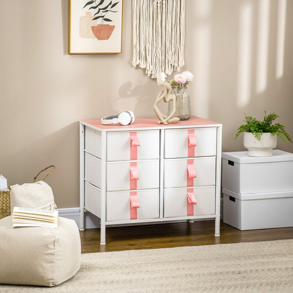 6-Fabric Drawer Dresser - Sturdy Metal Frame and Wooden Top Chest of Drawers - Space-Saving Cloth Organizer for Kids Room, Living Room in Pink