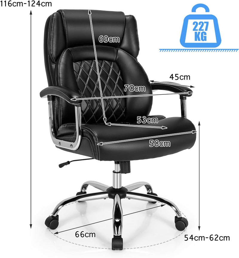 Black Leather Office Chair with Rocking Mode - Comfortable Seating Solution with Armrests - Ideal for Workplace or Home Office Use