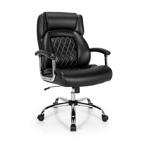 Black Leather Office Chair with Rocking Mode - Comfortable Seating Solution with Armrests - Ideal for Workplace or Home Office Use