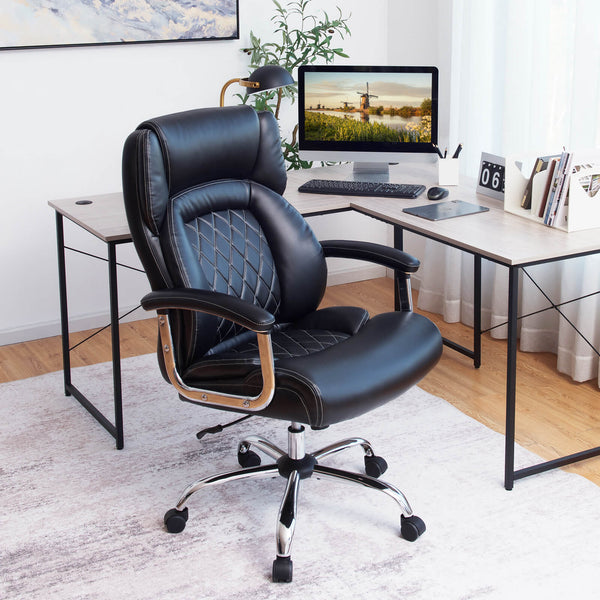 Black Leather Office Chair with Rocking Mode - Comfortable Seating Solution with Armrests - Ideal for Workplace or Home Office Use