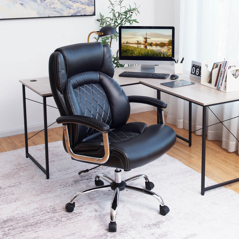 Black Leather Office Chair with Rocking Mode - Comfortable Seating Solution with Armrests - Ideal for Workplace or Home Office Use