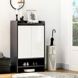 High Gloss White Shoe Cabinet with Open Shelves - Modern Hallway Storage Organizer for 15 Pairs - Stylish Grey Footwear Cupboard