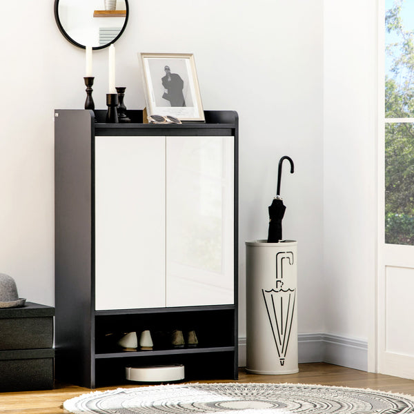 High Gloss White Shoe Cabinet with Open Shelves - Modern Hallway Storage Organizer for 15 Pairs - Stylish Grey Footwear Cupboard