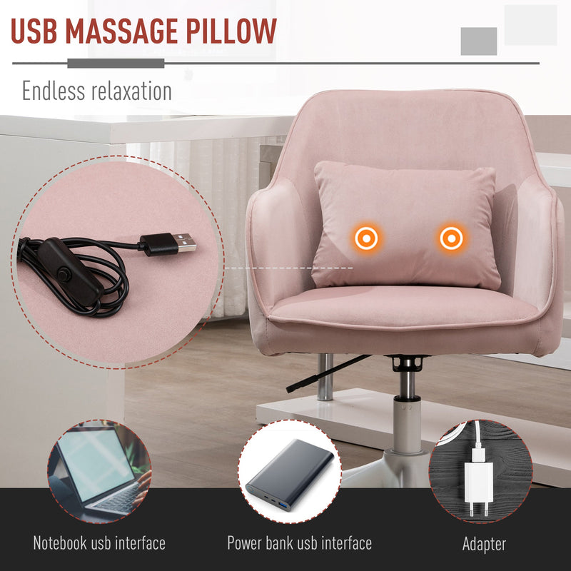 Luxurious Velvet Office Chair with Massage Pillow - Ergonomic Adjustable Height Seating with Casters - Comfortable Home Desk Chair for Work & Relaxation, Pink