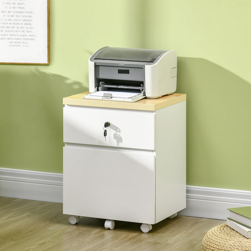 Mobile File Cabinet with 2 Lockable Drawers - A4 Hanging Bars and Smooth-Rolling Wheels for Documents - Ideal for Home Office and Study Storage, White
