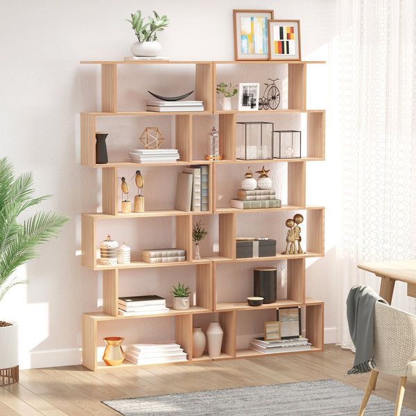 Maple Finish Wooden S-Shaped Bookcase - 6-Shelf Storage Display Unit & Room Divider - Versatile Chest Cabinet for Home or Office Organization