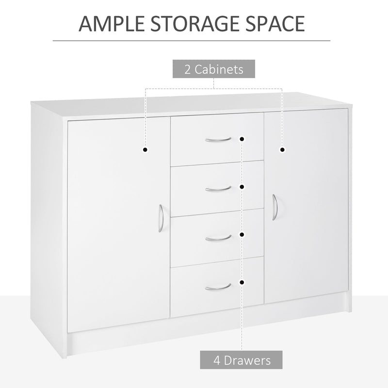 Storage Cabinet Sideboard with 2 Doors & 4 Drawers - Free Standing Cupboard & Chest Organizer for Home - Ideal for Kitchen and Living Room Organization, White