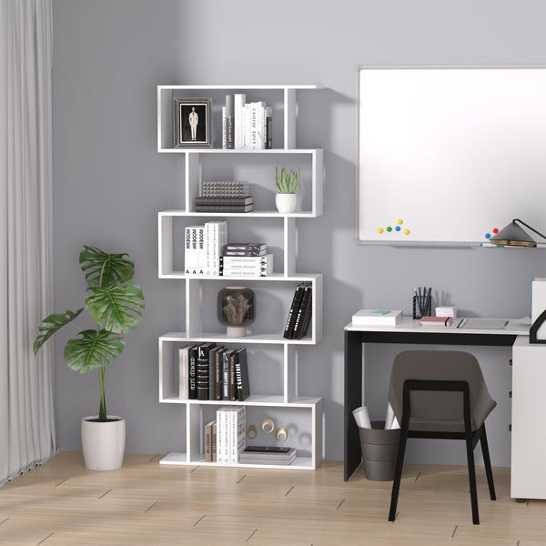 Elegant White S-Shaped Wooden Bookcase - 6-Shelf Storage and Display Unit with Room Divider Function - Versatile Organizational Solution for Home or Office