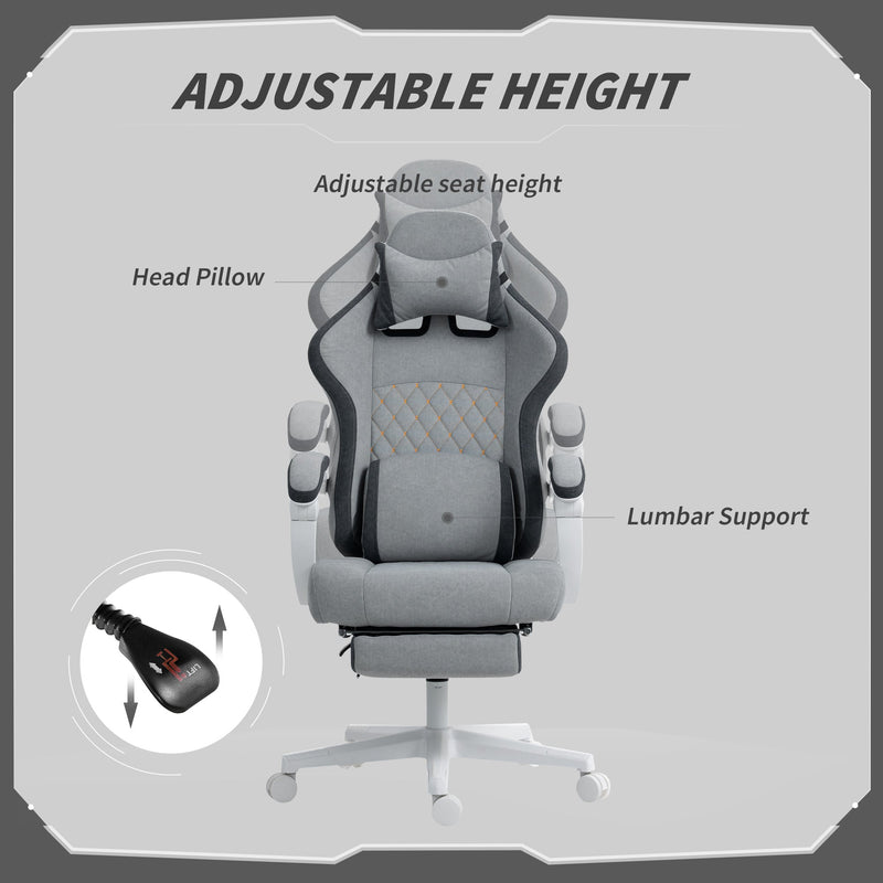 HOMCOM Ergonomic High Back Gaming Chair for Adults, Printed Velvet Computer Recliner Chair with Footrest, Lumbar Support, Adjustable Height and 360° Swivel Seat for Office or Gaming, Grey