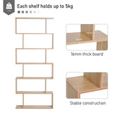 S-Shaped Wooden Bookcase - 6-Tier Storage Display Shelves & Room Divider - Versatile Oak Cabinet for Home and Office Organization