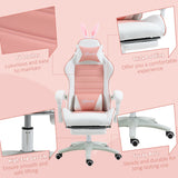 Racing-Style Gaming Chair with Removable Bunny Accents - Ergonomic PU Leather Recline, Headrest, Lumbar Support, and Extendable Footrest - Perfect for Gamers and Streamers with a Flair for Fun