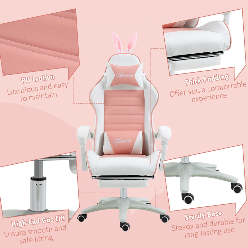 Racing-Style Gaming Chair with Removable Bunny Accents - Ergonomic PU Leather Recline, Headrest, Lumbar Support, and Extendable Footrest - Perfect for Gamers and Streamers with a Flair for Fun