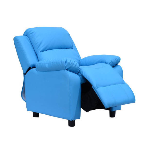 Kids Recliner with Armrest Storage - Blue PU Leather Look Lounger for Children - Comfy Gaming Chair Sofa Seat for Playroom and Relaxation