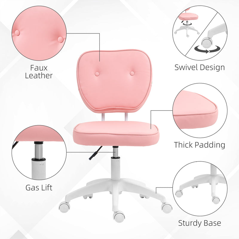 Vanity Office Chair - PU Leather Armless Computer Chair with Adjustable Height and Swivel Wheels - Perfect for Home Office Comfort in Pink
