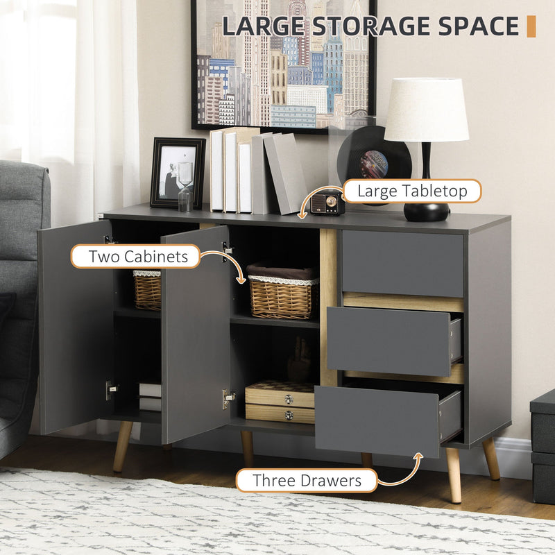 Modern Double-Door Sideboard with 3 Drawers - Adjustable Shelving, Dark Grey Kitchen Cupboard - Ideal for Living and Dining Room Storage Solutions