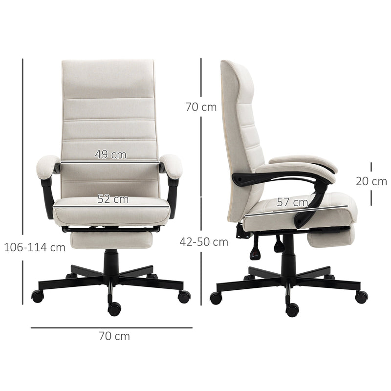 High-Back Linen Executive Chair - Swivel & Reclining Office Furniture with Adjustable Height and Footrest - Comfortable Padded Armrests for Home or Work Spaces in Cream White