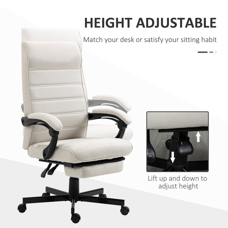 High-Back Linen Executive Chair - Swivel & Reclining Office Furniture with Adjustable Height and Footrest - Comfortable Padded Armrests for Home or Work Spaces in Cream White