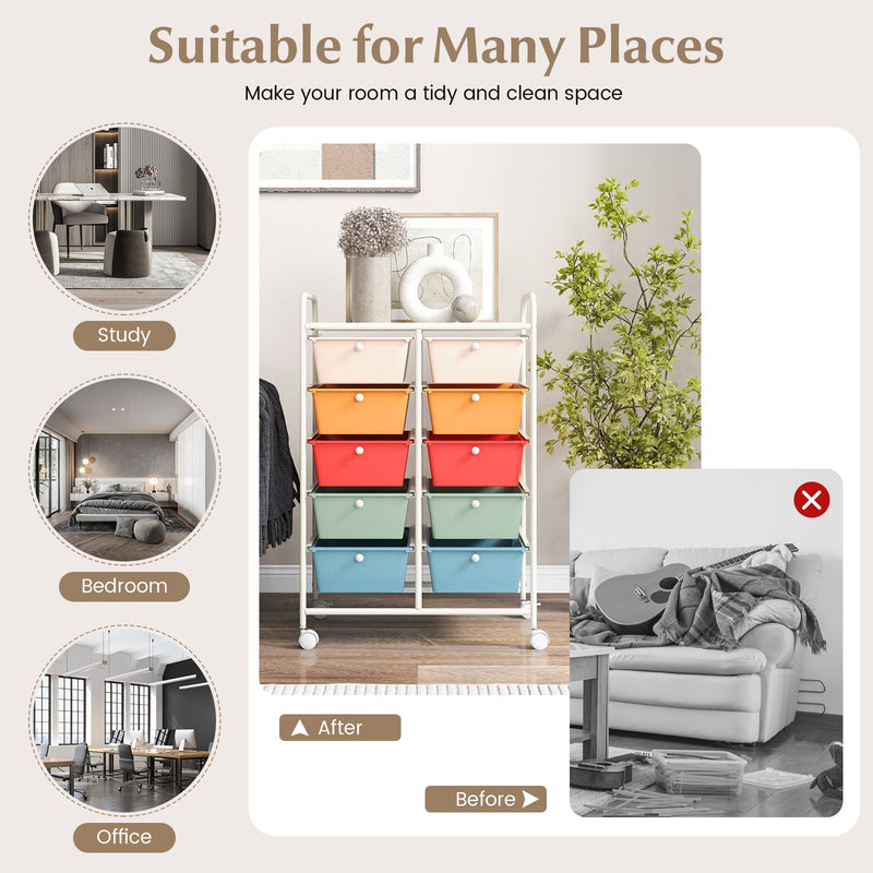 Rolling Storage Cart - 10-Drawer Organizer for Tools and Scrapbook Paper, Black - Perfect for DIY Crafts and Office Organising Tasks