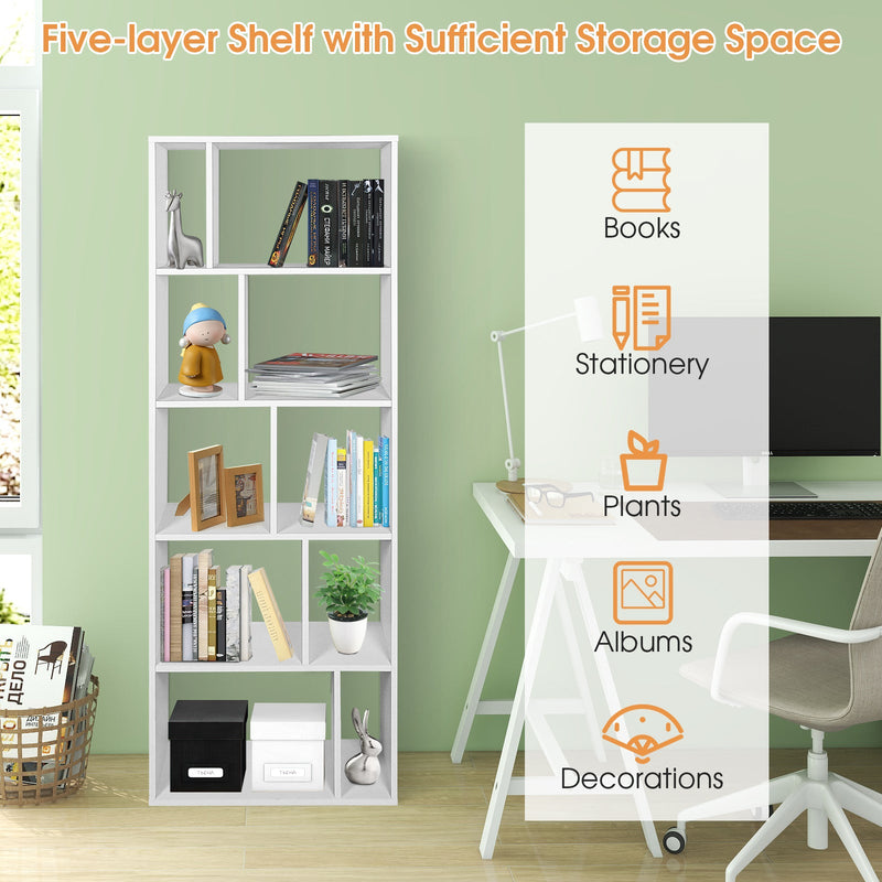 Wooden Bookshelf - With 10 Storage Compartments in Classic White - Ideal for Home Study or Living Room Organization