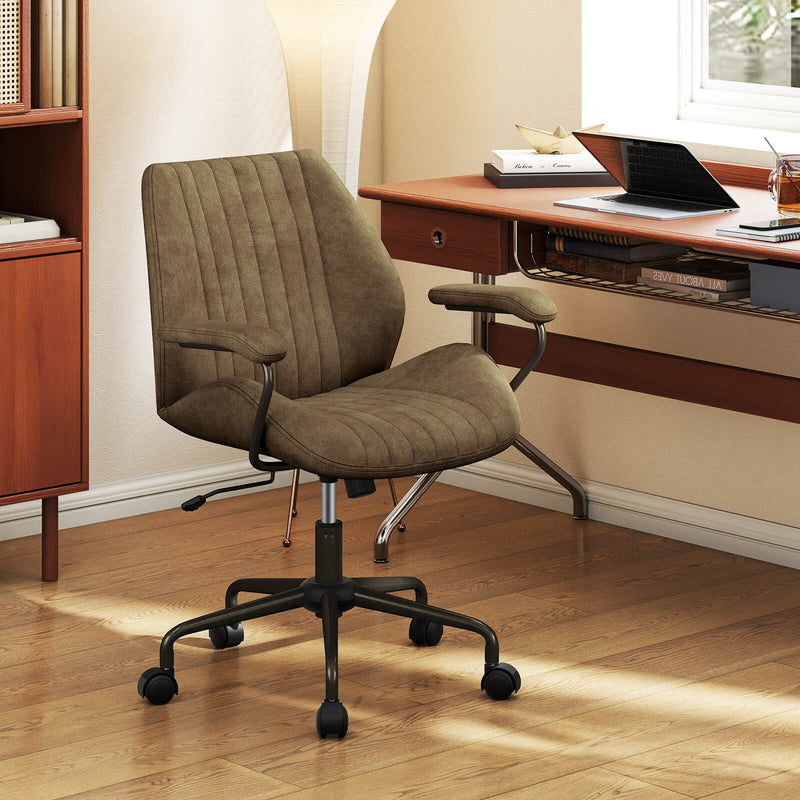 Suede Fabric Office Chair Swivel Adjustable with Padded Arms and Wheels-Brown