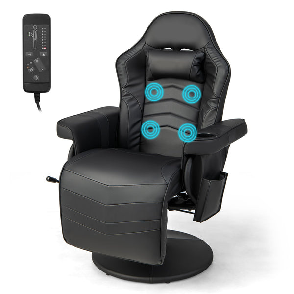 Gaming Chair with Electric Massage Feature - With Cup Holder and Side Pouch in Sleek Black - Perfect for Gaming Enthusiasts and Office Workers Desiring Extra Comfort