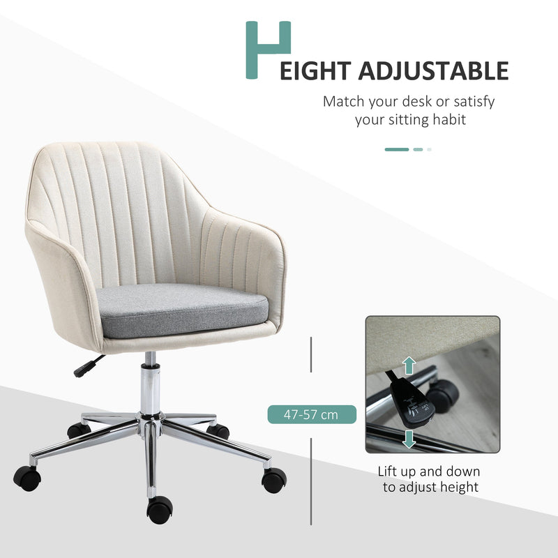 Linen Fabric Leisure Office Chair - Swivel Scallop-Shaped Computer Desk Chair with Wheels - Ideal for Home Study and Bedroom Comfort, Beige