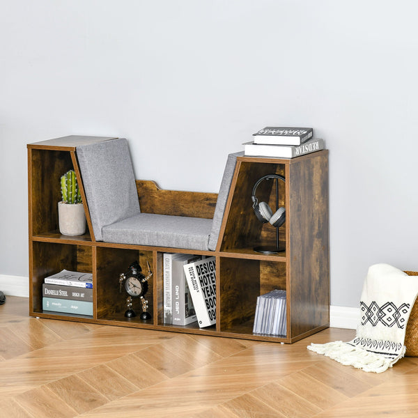 Storage Seat Bookcase - Cushioned Shelf Sideboard for Kids' Reading Nook - Rustic Brown Organizer for Bedroom and Living Room