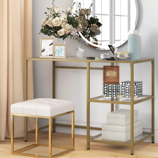 Golden Tempered Glass Table - Writing Workstation with Storage Shelf Feature - Ideal for Students and Home Office Use