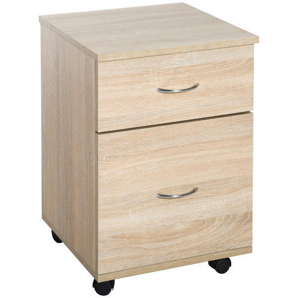 Oak Rolling File Cabinet Cupboard - 2-Drawer Table Storage Unit with Wheels - Mobile Bedside Organizer for Home Office Use