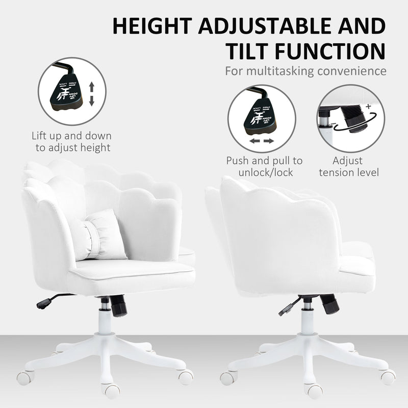 HOMCOM Velvet Office Chair with Petal Shell Back and Lumbar Pillow, Armless Desk Chair with Wide Seat and Tilt Function, Height Adjustable Swivel Makeup Vanity Chair for Bedroom, White