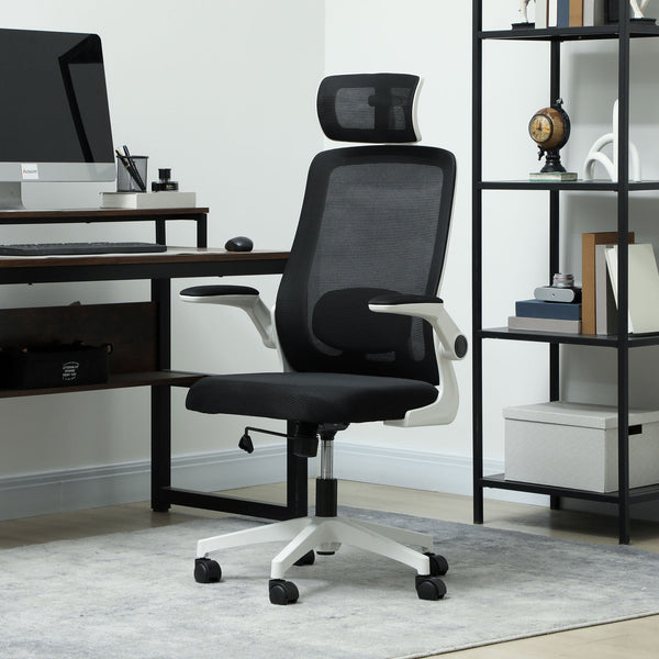 HOMCOM Executive Office Chair, Ergonomic Mesh High Back Desk Chair with Flip-up Armrest, Adjustable Lumbar Support, Rotatable Headrest, Swivel Computer Chair for Home Study, Black