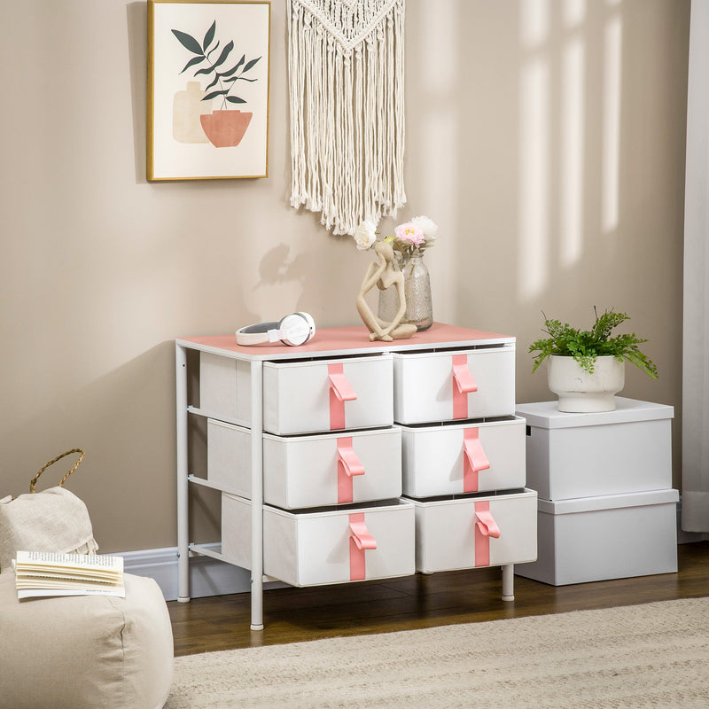 6-Fabric Drawer Dresser - Sturdy Metal Frame and Wooden Top Chest of Drawers - Space-Saving Cloth Organizer for Kids Room, Living Room in Pink