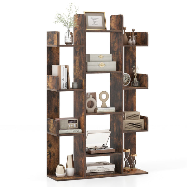 Corner Bookshelf with 13 Open Shelves - Tree-Shaped Book Storage Organizer - Ideal for Limited Space Areas