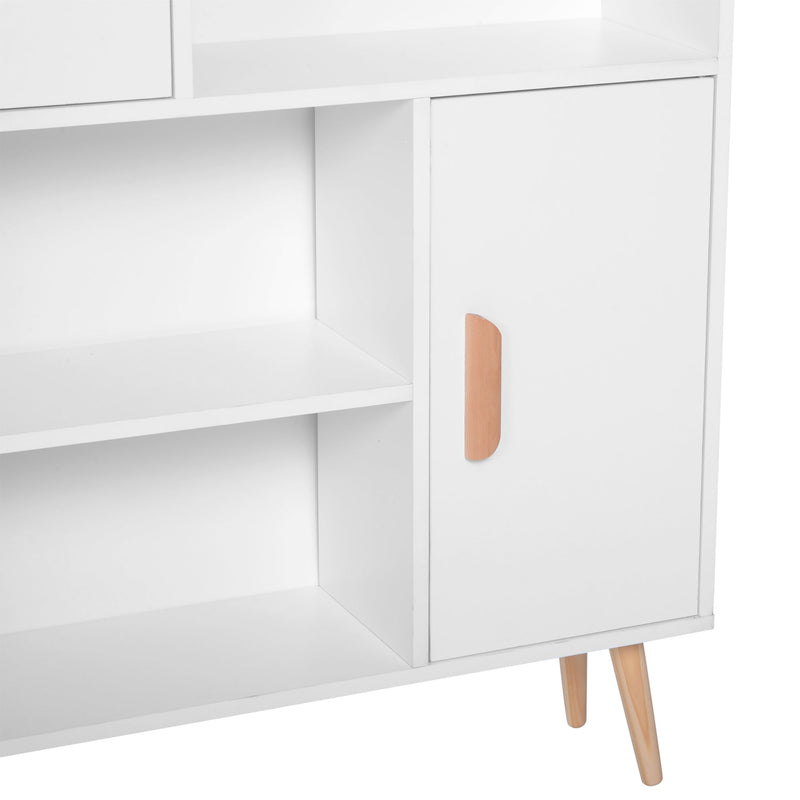 Modern White Sideboard Bookshelf - Free Standing Wooden Bookcase with Storage Shelves and Cabinets - Elegant Display Unit with Dual Doors for Living Room or Office Organization