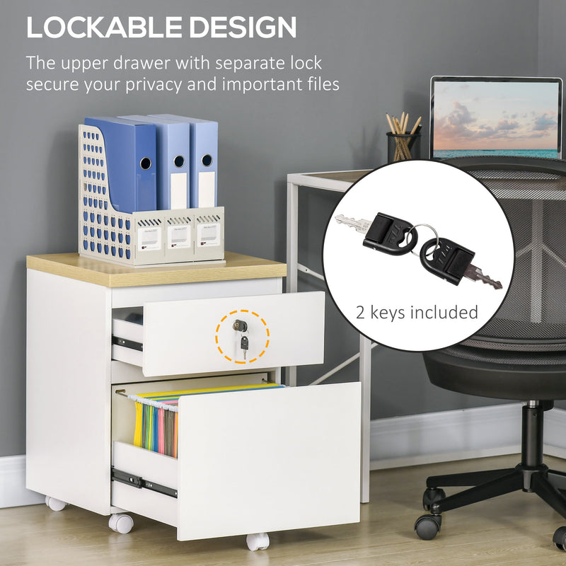 Mobile File Cabinet with 2 Lockable Drawers - A4 Hanging Bars and Smooth-Rolling Wheels for Documents - Ideal for Home Office and Study Storage, White