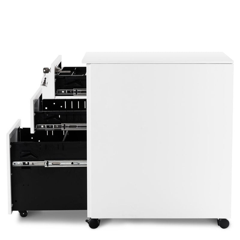 3-Drawer Mobile File Cabinet - Solid Steel Pedestal with 5 Casters, Lockable with Keys, 39x52x60 cm, White - Secure Document Storage for Home and Office Use