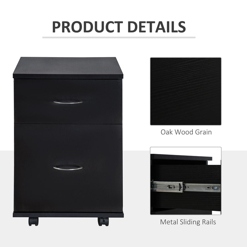 Rolling File Cabinet with Two Drawers - Mobile Storage Unit and Bedside Table in Black - Space-Saving Solution for Home and Office Organization