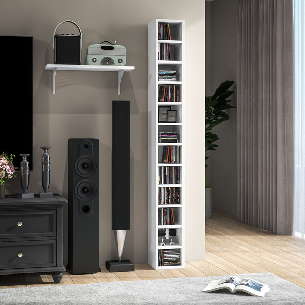 HOMCOM 204 CD Storage Unit, DVD Storage Tower with 12 Cubes, 175cm Tall Bookcase for Living Room, Home Office, Study Room, White