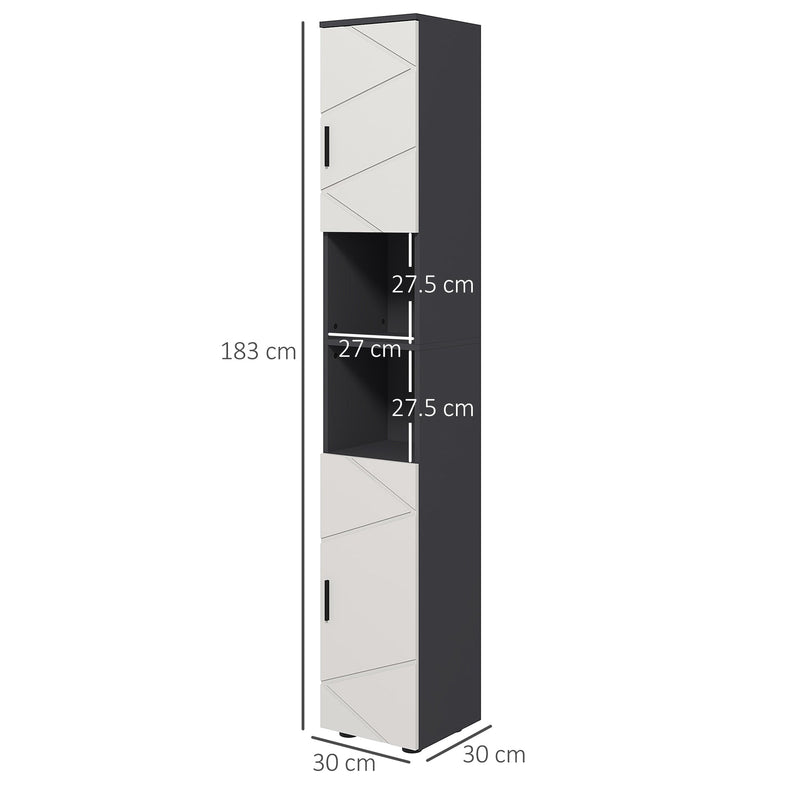 Tall 183cm Bathroom Storage Unit - Narrow Cabinet with Open Shelving and 2 Door Compartments, Adjustable Interior Shelves in Grey - Space-Saving Organizer for Bath Essentials & Linens