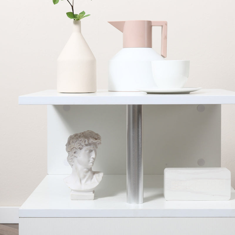 2-Tier Wooden S-Shaped Coffee Table - Cube Storage and Display Shelving Organizer, White - Ideal for Living Room, Office, and Bookcase End Desk Stand