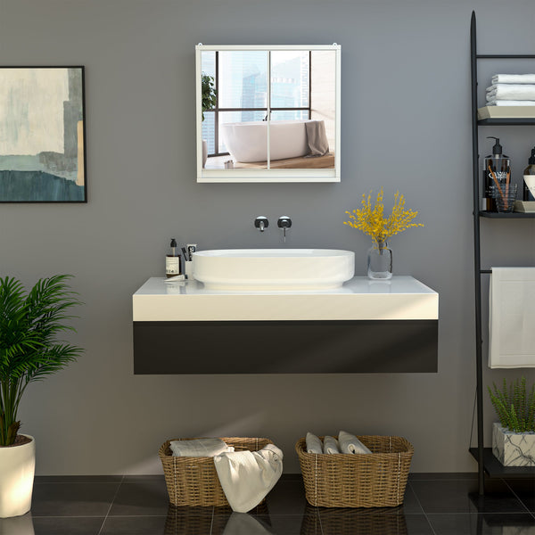 Bathroom Mirror Cabinet with Double Doors - Wall Mounted Storage Unit with Shelf - Elegant White Organizer for Restroom Essentials