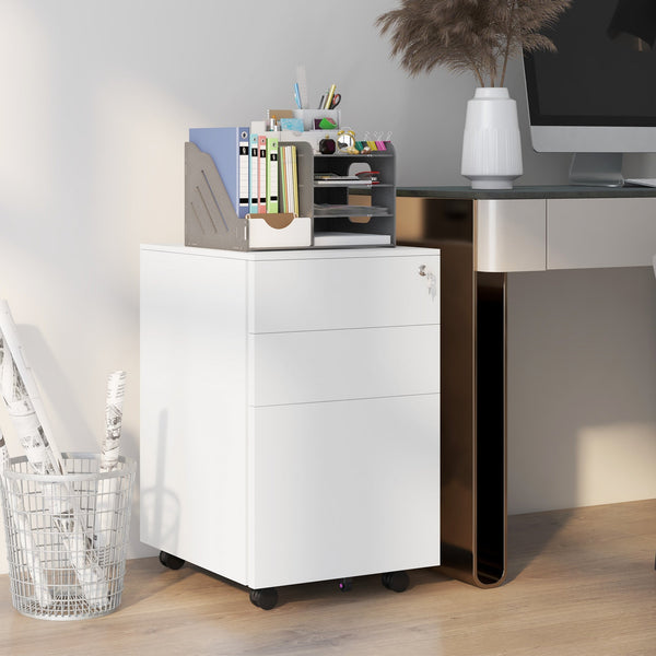 Steel Mobile 3-Drawer File Cabinet with Lock and Pencil Tray - Adjustable Hanging Bar for A4 and Letter Size, Versatile Office Storage Solution - Secure Document Organizer for Professionals and Home Offices