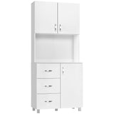 Freestanding White Kitchen Storage Cabinet - 2 Enclosed Shelves, 3 Drawers, 1 Open Compartment with Adjustable Height - Space-Saving Organizer for Home Cookware and Utensils