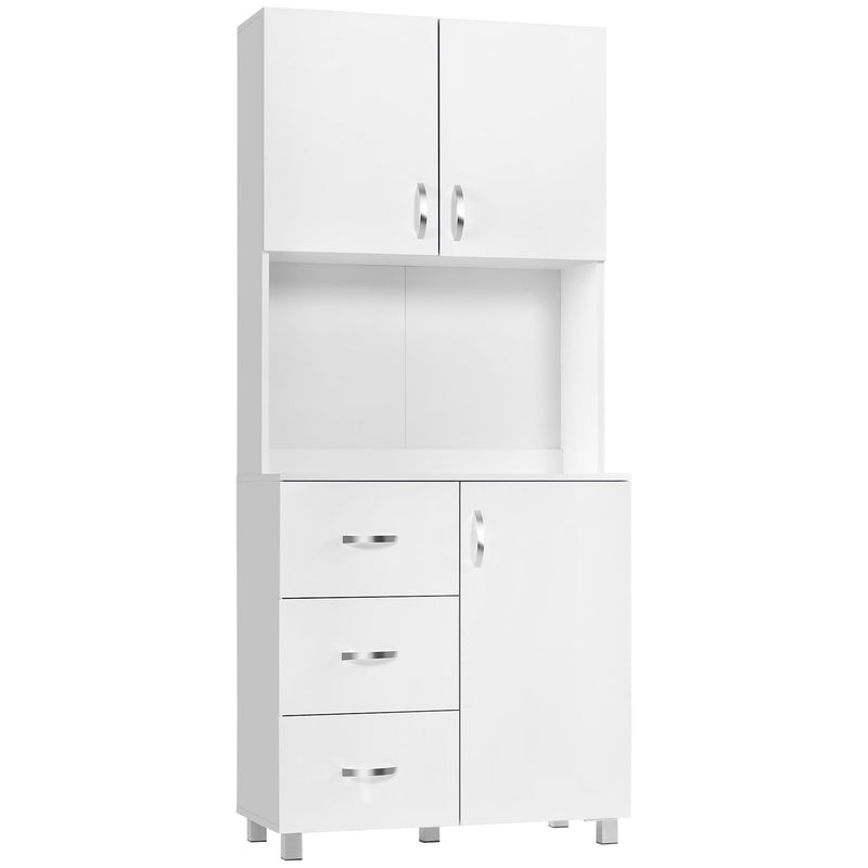 Freestanding White Kitchen Storage Cabinet - 2 Enclosed Shelves, 3 Drawers, 1 Open Compartment with Adjustable Height - Space-Saving Organizer for Home Cookware and Utensils