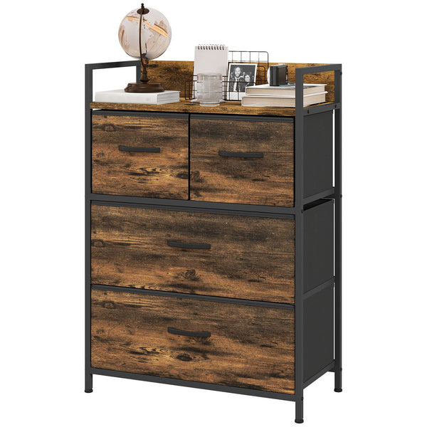 4-Drawer Bedroom Chest - Foldable Storage Organizer with Open Shelf & Sturdy Steel Frame - Ideal for Living Room, Entryway, Vintage Rustic Brown Design