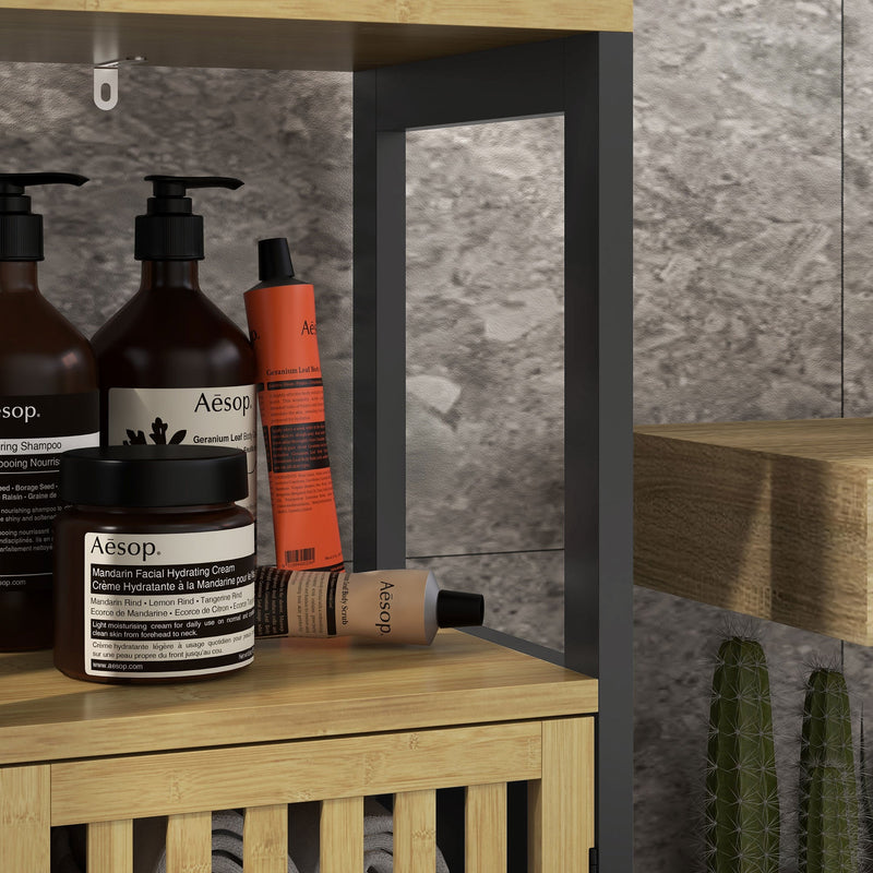 Slim Bamboo Bathroom Cabinet - Space-Saving Storage with Open Compartment and Adjustable Shelf - Ideal for Small Bathrooms and Tight Spaces