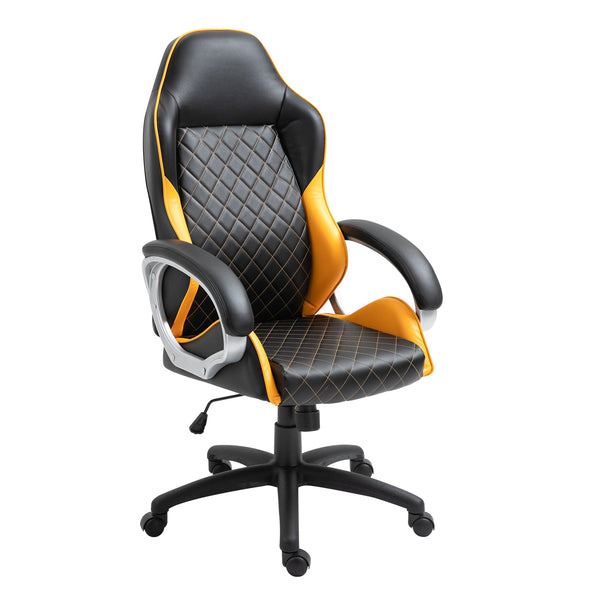 High-Back Faux Leather Office Chair with Diamond Line Detailing - Ergonomic Rocker Swivel Desk Chair with Wheels, Black and Orange - Ideal for Home Office and Computer Workstations
