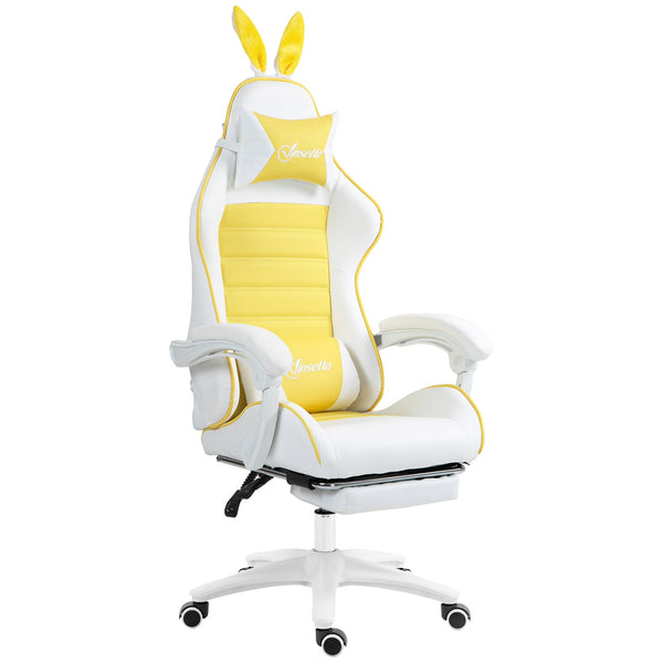 Racing Style Gaming Chair with Removable Rabbit Ears - PU Leather Adjustable Recliner, Footrest, Lumbar & Headrest Support, in Vibrant Yellow - Comfort for Gamers and Home Office Use