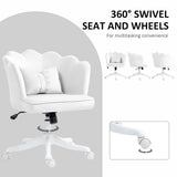 HOMCOM Velvet Office Chair with Petal Shell Back and Lumbar Pillow, Armless Desk Chair with Wide Seat and Tilt Function, Height Adjustable Swivel Makeup Vanity Chair for Bedroom, White